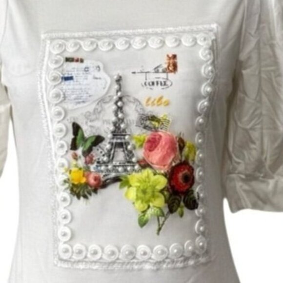 Gracia Womens Top Puff Sleeve White Paris Eiffel Tower Floral Embroidered Size S - Picture 3 of 8